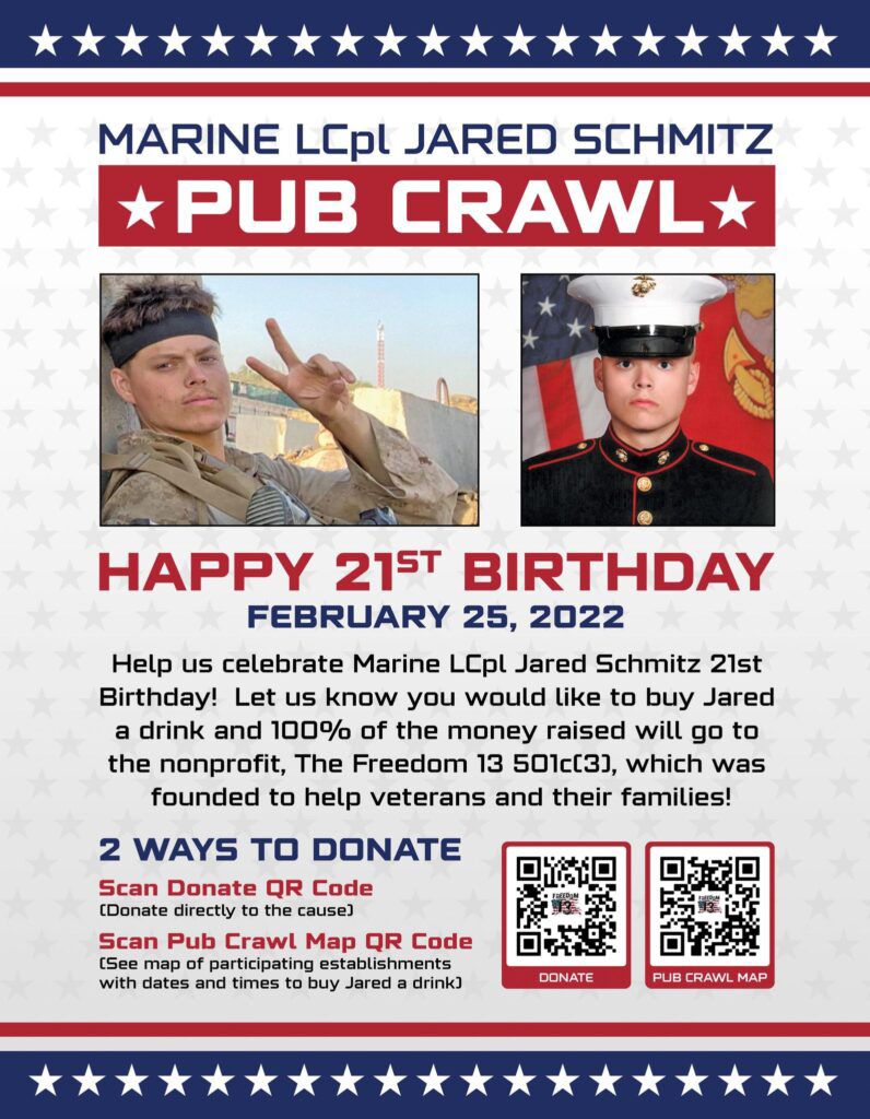 A flyer for the pub crawl honoring fallen Marine Jared Schmitz.