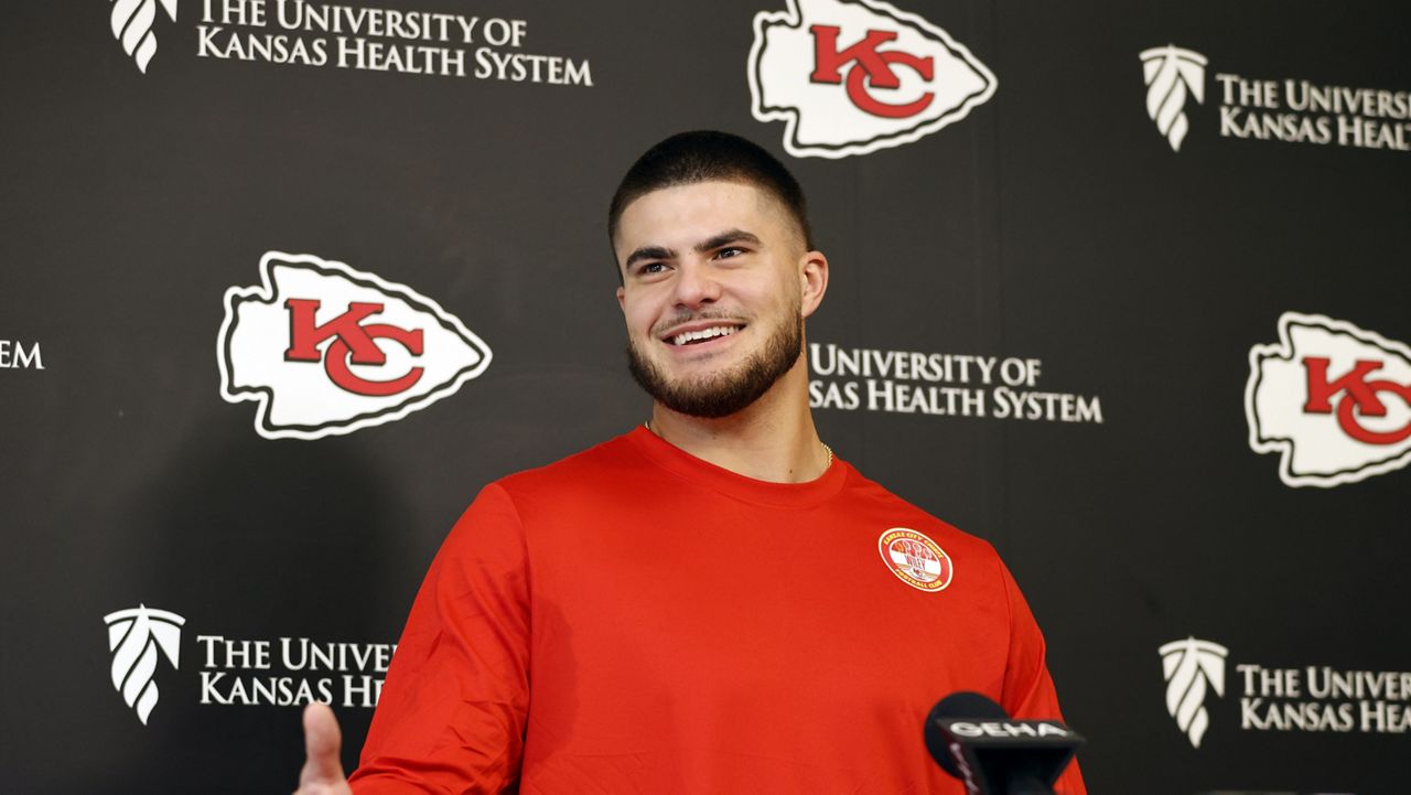 Kansas City Chiefs tight end Jared Wiley answers a question from the media on the first day of the NFL football team's rookie minicamp in Kansas City, Mo., Saturday, May 4, 2024. (AP Photo/Colin E. Braley)