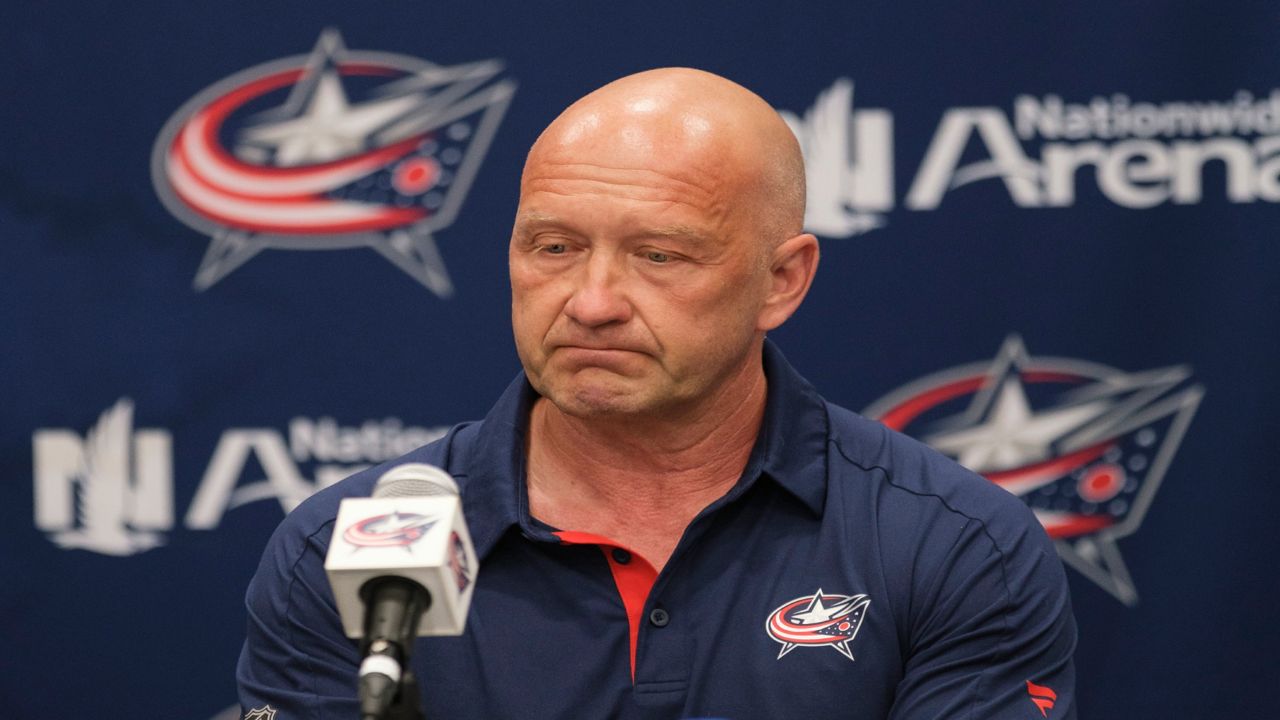 Columbus Blue Jackets general manager Jarmo Kekalainen appears during a news conference about the death of goaltender Matiss Kivlenieks, Wednesday, July 7, 2021, in Columbus, Ohio.