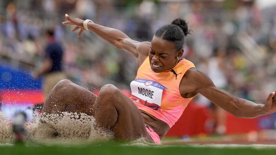 Jasmine Moore competes in the women's long jump final during the U.S. Track and Field Olympic Team Trials, Saturday, June 29, 2024, in Eugene, Ore. (AP Photo/George Walker IV, File)