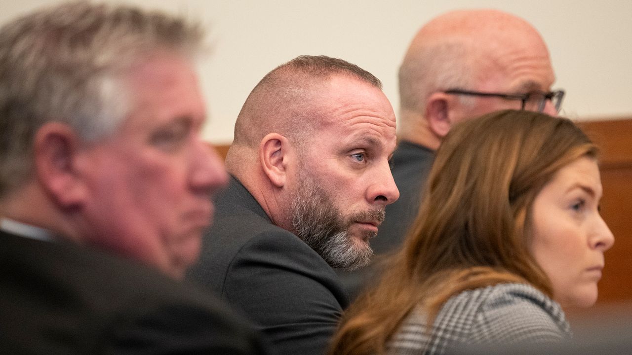 Jason Meade sits with his defense team in his trial at the Franklin County Common Pleas Court, Wednesday, Feb. 14, 2024 in Columbus, Ohio. (Brooke LaValley/The Columbus Dispatch via AP, Pool)