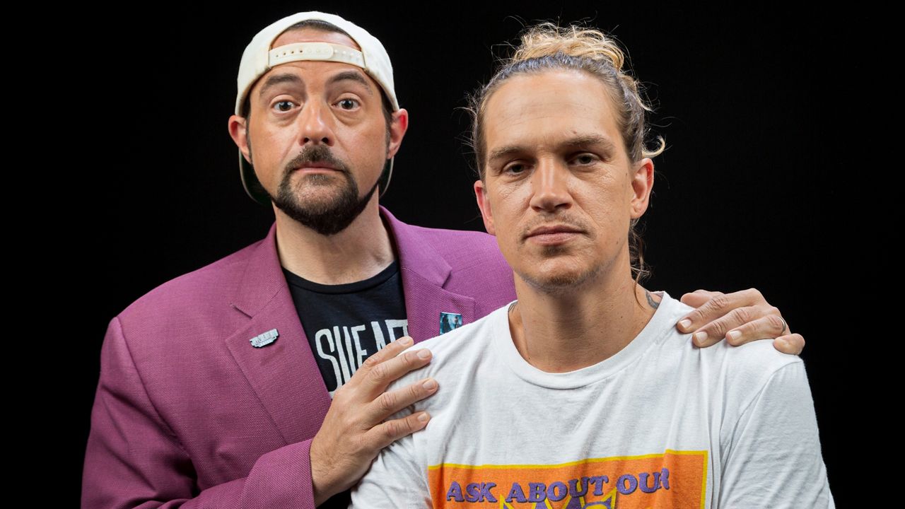 Kevin Smith and Jason Mewes pose during an interview in Los Angeles to promote the film "Jay and Silent Bob Reboot." (AP/Invision/Willy Sanjuan)