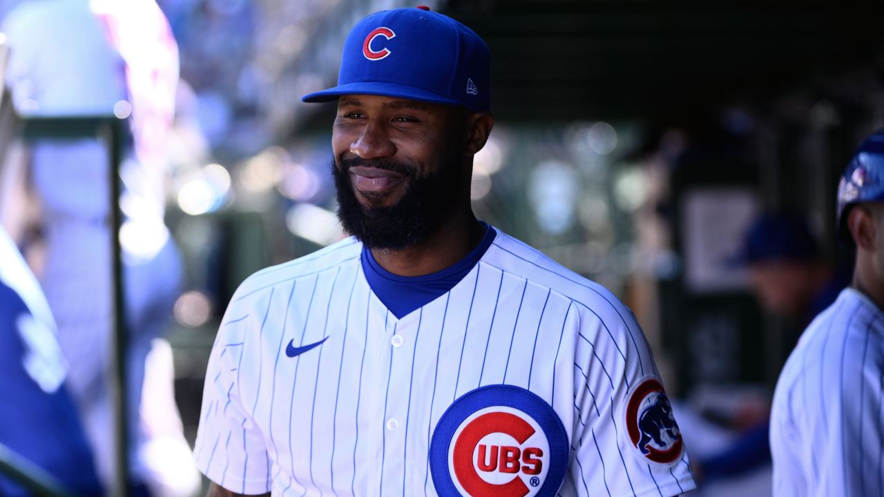 Chicago Cubs' Jason Heyward after he was honored during the team's baseball game against the Cincinnati Reds in Chicago, Saturday, Oct. 1, 2022. (AP Photo/Matt Marton)