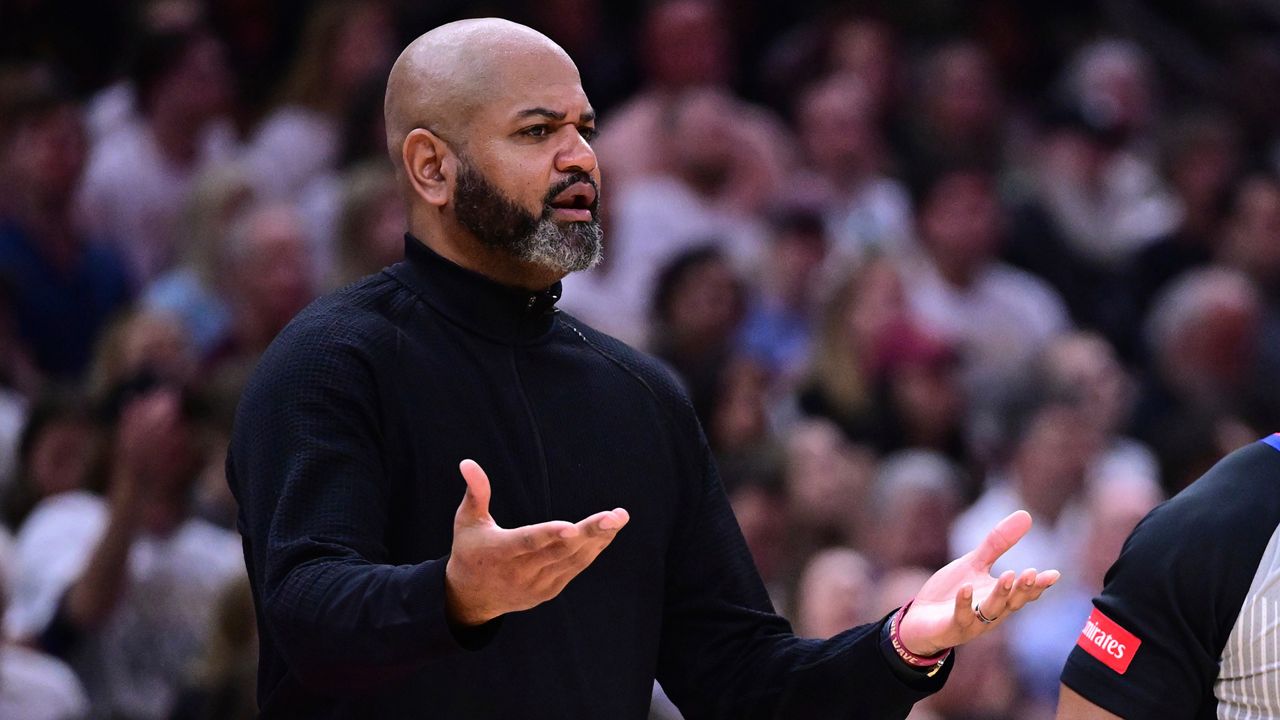 Cleveland Cavaliers head coach J.B. Bickerstaff reacts after a foul call during the first half of Game 4 of an NBA basketball second-round playoff series against the Boston Celtics, Monday, May 13 2024, in Cleveland. (AP Photo/David Dermer)