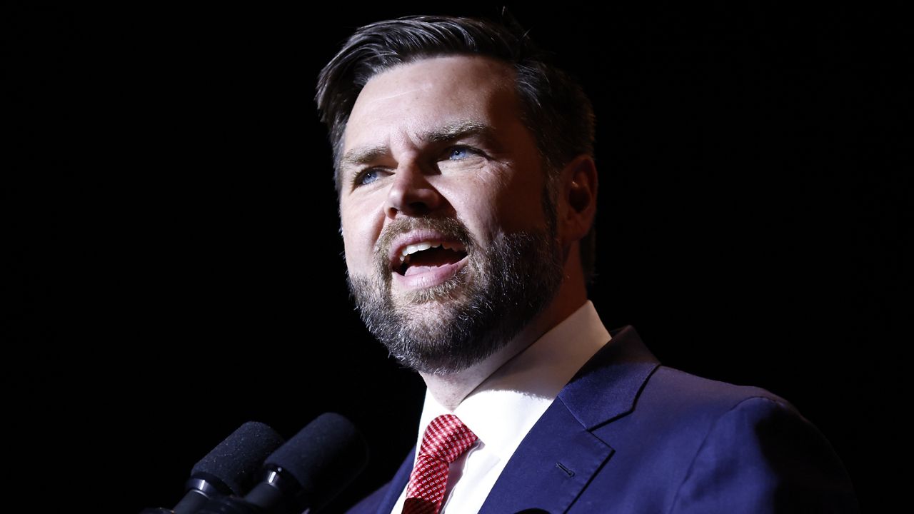 Republican vice presidential candidate Sen. JD Vance, R-Ohio, speaks during a rally in his hometown of Middletown, Ohio, Monday, July 22, 2024. (AP Photo/Paul Vernon)