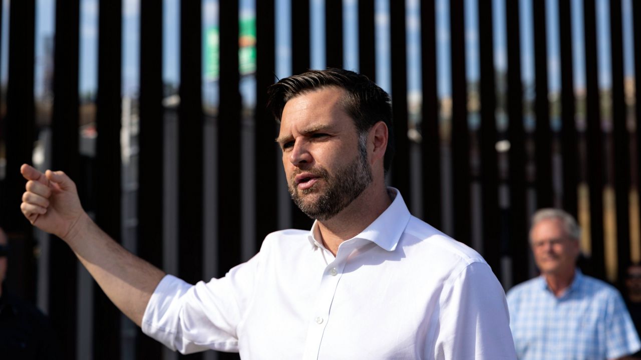 Republican vice presidential nominee Sen. JD Vance, R-Ohio, speaks as he visits the United States border with Mexico during a campaign event Friday, Sept. 6, 2024, in San Diego. (AP Photo/Zoë Meyers)