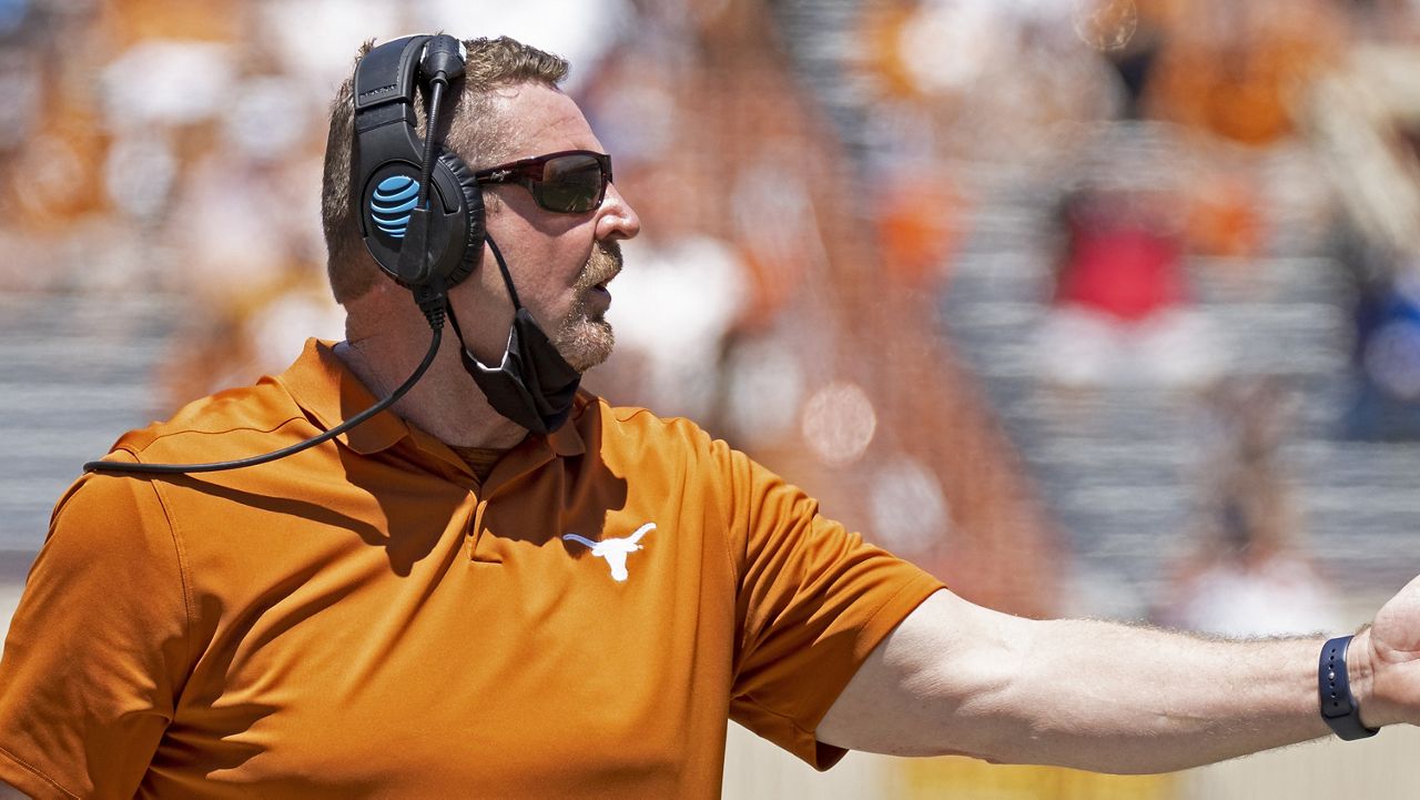 Texas co-defensive coordinator Jeff Choate watches his team during the final half of the Texas Orange and White Spring Scrimmage in Austin, Texas, April 24, 2021. Nevada has named Choate its new head football coach, the school announced Monday, Dec. 4, 2023. (AP Photo/Michael Thomas, File)