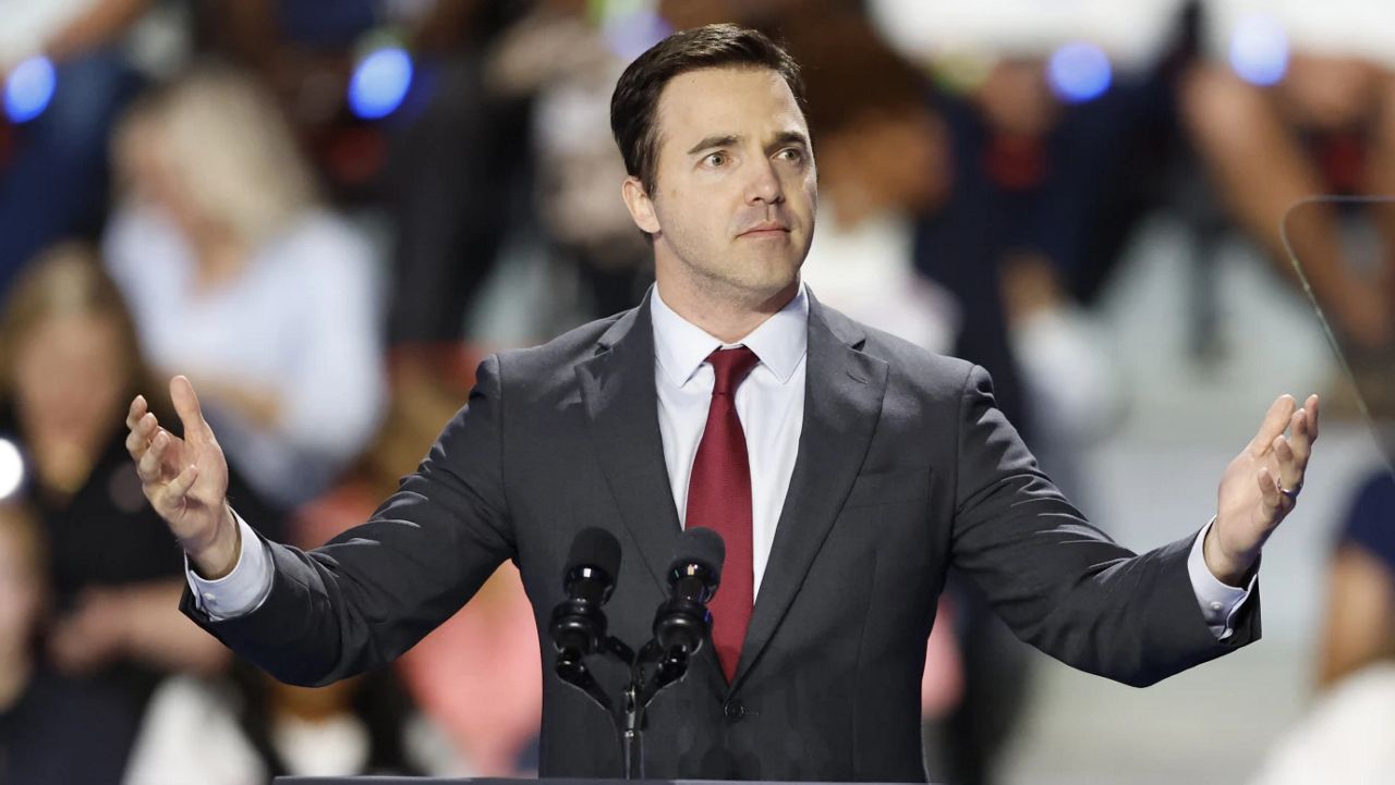 FILE - State Sen. Jeff Jackson, D-Mecklenburg, Democratic candidate for North Carolina Attorney General, speaks at a campaign event for Democratic presidential nominee Vice President Kamala Harris in Charlotte, N.C., Sept. 12, 2024. (AP Photo/Nell Redmond, File)