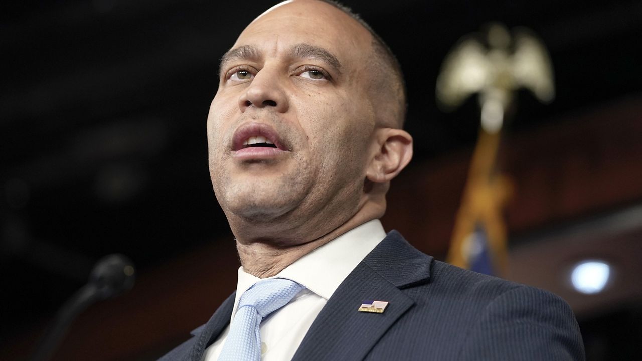 House Minority Leader Hakeem Jeffries, D-N.Y., speaks during a news conference on national security legislation on Capitol Hill Tuesday, Feb. 13, 2024, in Washington. (AP Photo/Mariam Zuhaib)