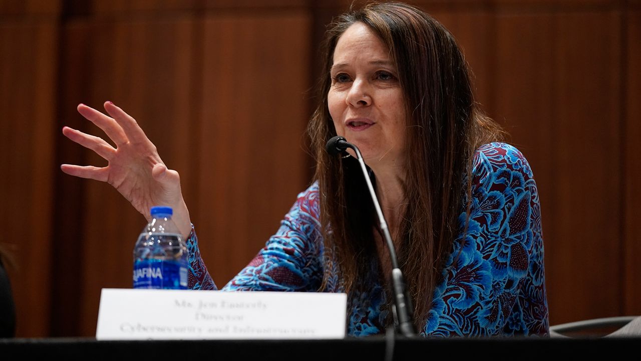 Jen Easterly, director of the Department of Homeland Security's Cybersecurity and Infrastructure Security Agency, speaks at the National Association of Secretaries of State winter meeting, Thursday, Feb. 16, 2023, in Washington. (AP Photo/Patrick Semansky)