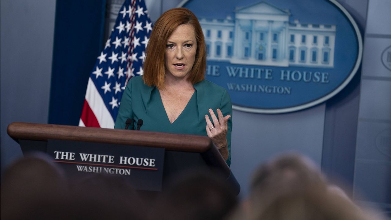 White House press secretary Jen Psaki answers questions at Tuesday's news briefing. (AP Photo/Evan Vucci)