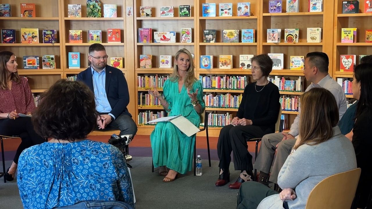 Jennifer Siebel Newsom hosts a roundtable discussion with parents and leaders from the tech industry at the San Francisco Public Library.