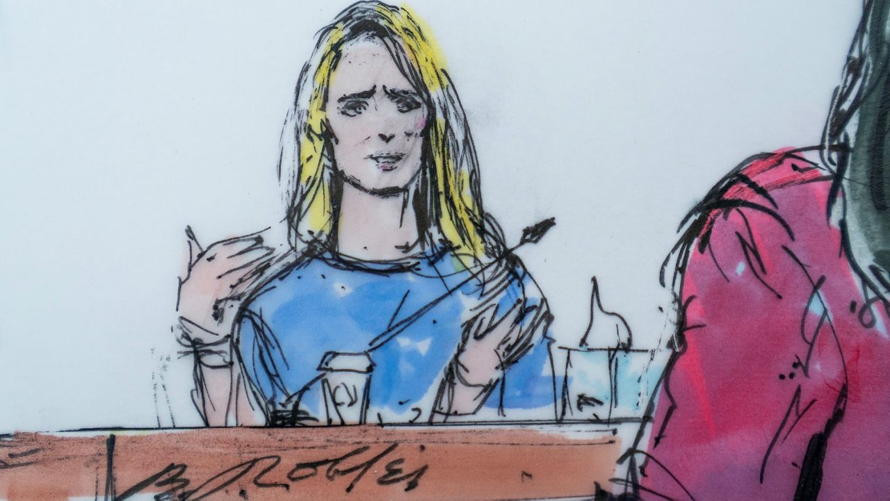 In this courtroom artist sketch, Jennifer Siebel Newsom, a documentary filmmaker and the wife of California Gov. Gavin Newsom, takes the stand at the trial of Harvey Weinstein in Los Angeles, Monday, Nov. 14, 2022. (Bill Robles via AP)