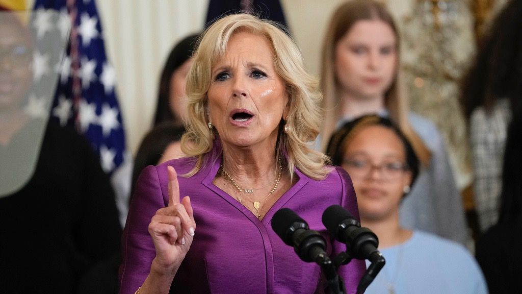 First lady Jill Biden speaks during an event in the East Room of the White House in Washington, Wednesday, March 22, 2023, to celebrate women's history month. (AP Photo/Susan Walsh)