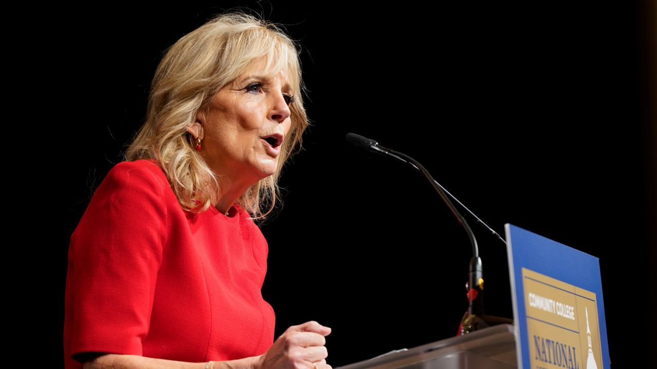 First lady Jill Biden speaks at the Community College National Legislative Summit, Monday, Feb. 7, 2022, in Washington. (AP Photo/Patrick Semansky)