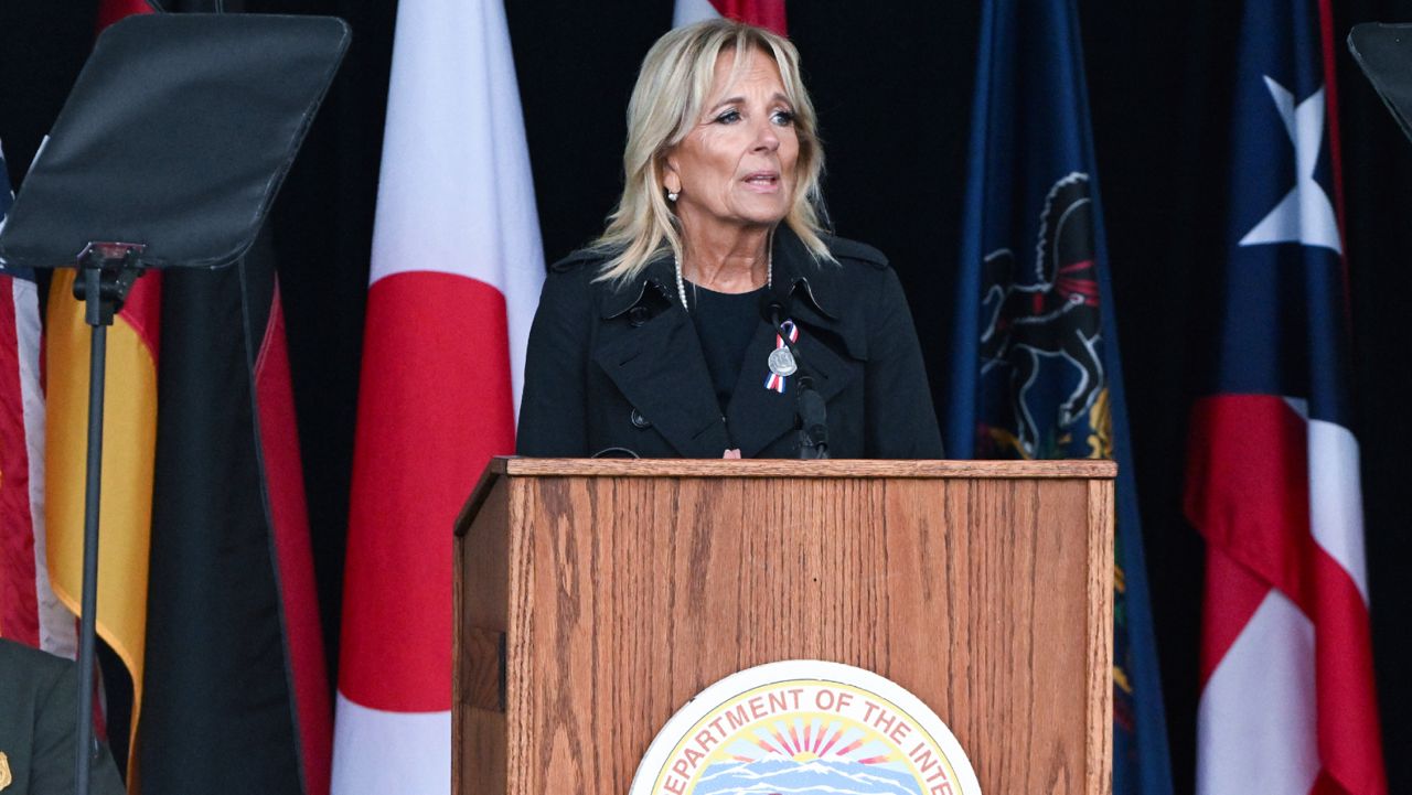 First lady Jill Biden speaks during a ceremony commemorating the 21st anniversary of the Sept. 11, 2001 terrorist attacks at the Flight 93 National Memorial in Shanksville, Pa., Sunday, Sept. 11, 2022. (AP Photo/Barry Reeger)