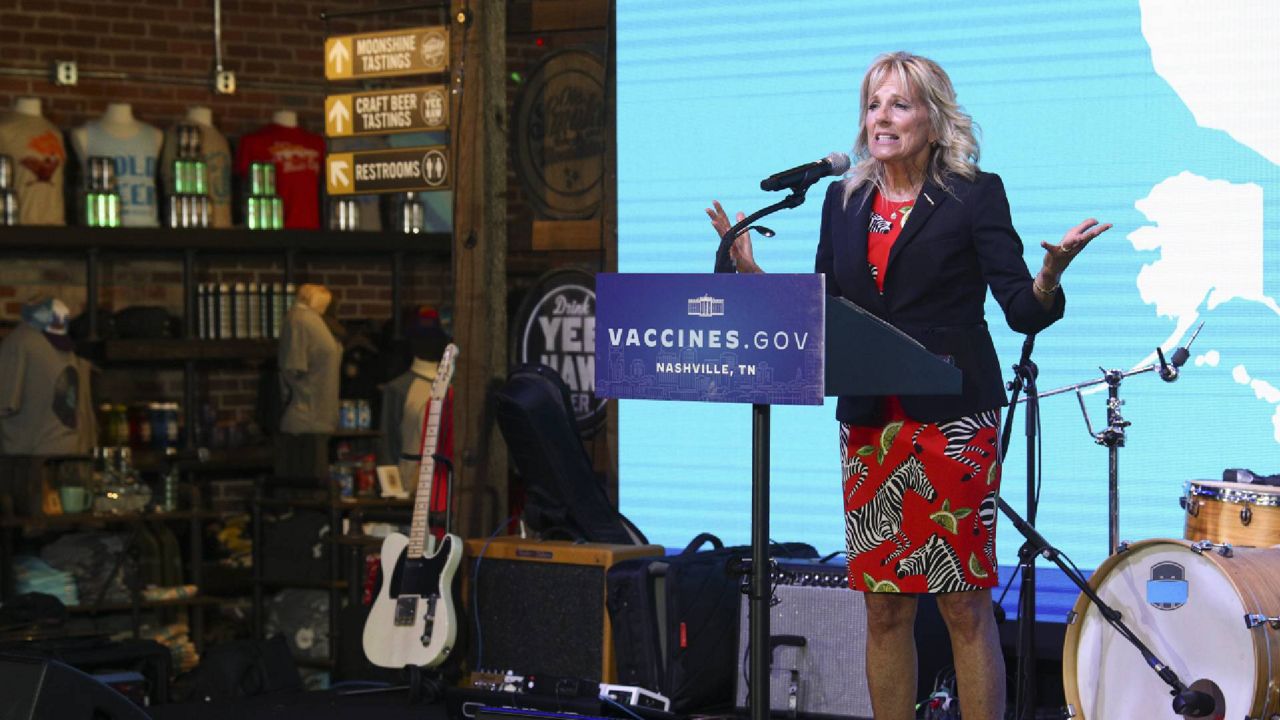 First lady Jill Biden speaks at a COVID-19 vaccination site at Ole Smoky Distillery in Nashville, Tuesday, June 22, 2021. (Tom Brenner/Pool via AP)