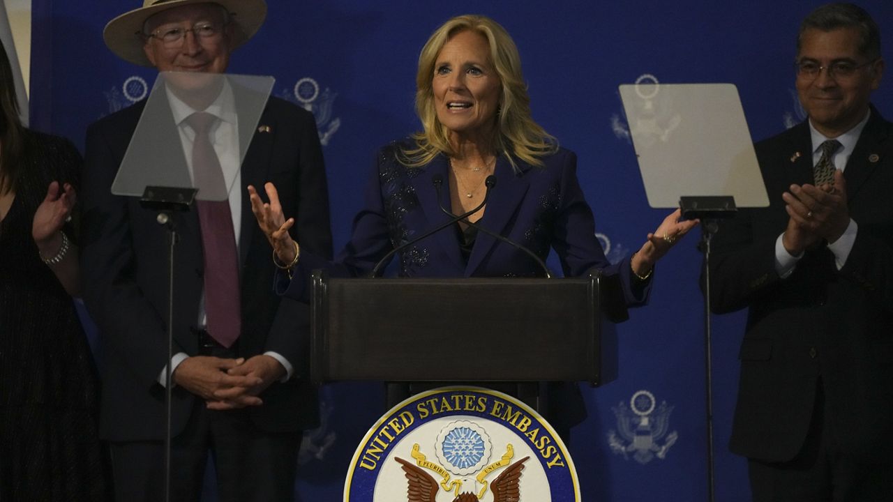 U.S. first lady Jill Biden speaks at a conference at the U.S. embassy in Mexico City, Monday, Sept. 30, 2024, a day ahead of President-elect Claudia Sheinbaum's inauguration. (AP Photo/Fernando Llano)