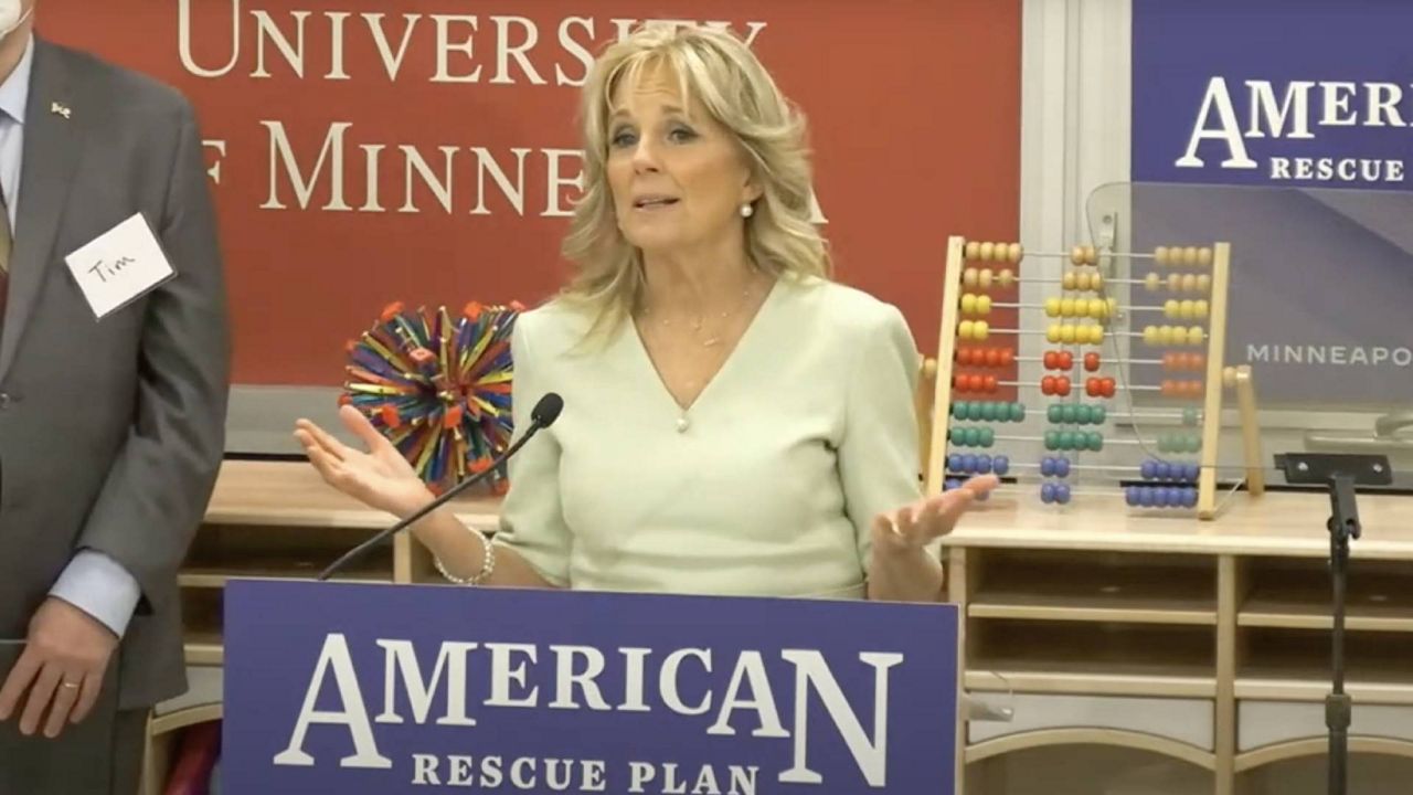 Dr. Jill Biden speaks about child care at the University of Minnesota on Wednesday. (YouTube/University of Minnesota)