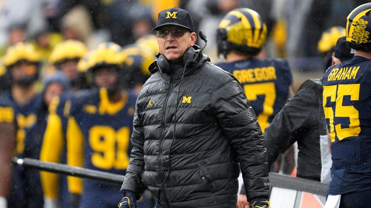 Michigan head coach Jim Harbaugh watches against Indiana in the second half of an NCAA college football game in Ann Arbor, Mich., Saturday, Oct. 14, 2023. (AP Photo/Paul Sancya)