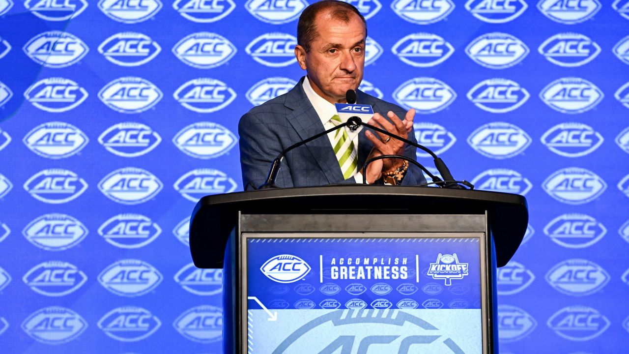 Atlantic Coast Conference Commissioner Jim Phillips speaks during the 1st session of ACC Media Days on Monday, July 22, 2024, in Charlotte, N.C. (AP Photo/Matt Kelley)