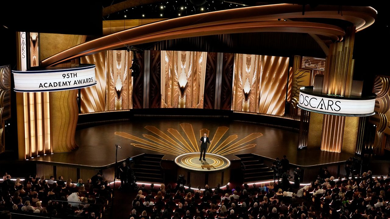 Host Jimmy Kimmel speaks at the Oscars on Sunday, March 12, 2023, at the Dolby Theatre in Los Angeles. (AP Photo/Chris Pizzello)