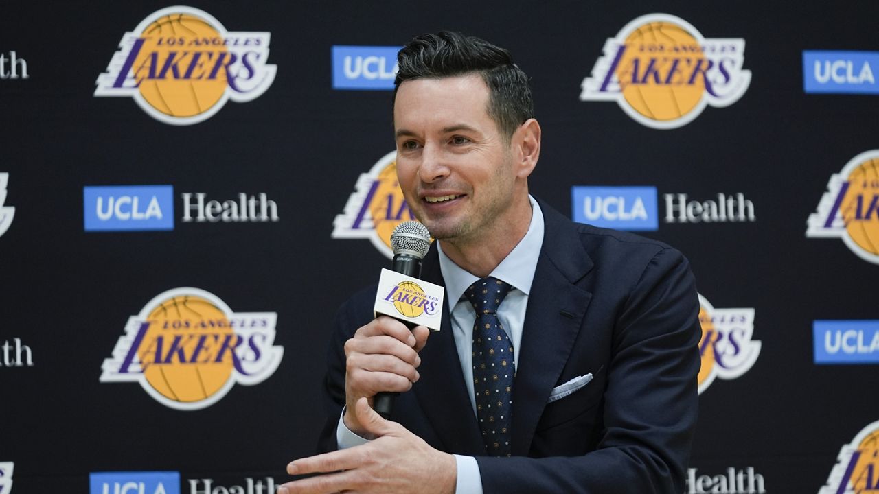 JJ Redick speaks after being introduced as the new head coach of the Los Angeles Lakers NBA basketball team Monday, June 24, 2024, in El Segundo, Calif. (AP Photo/Damian Dovarganes)