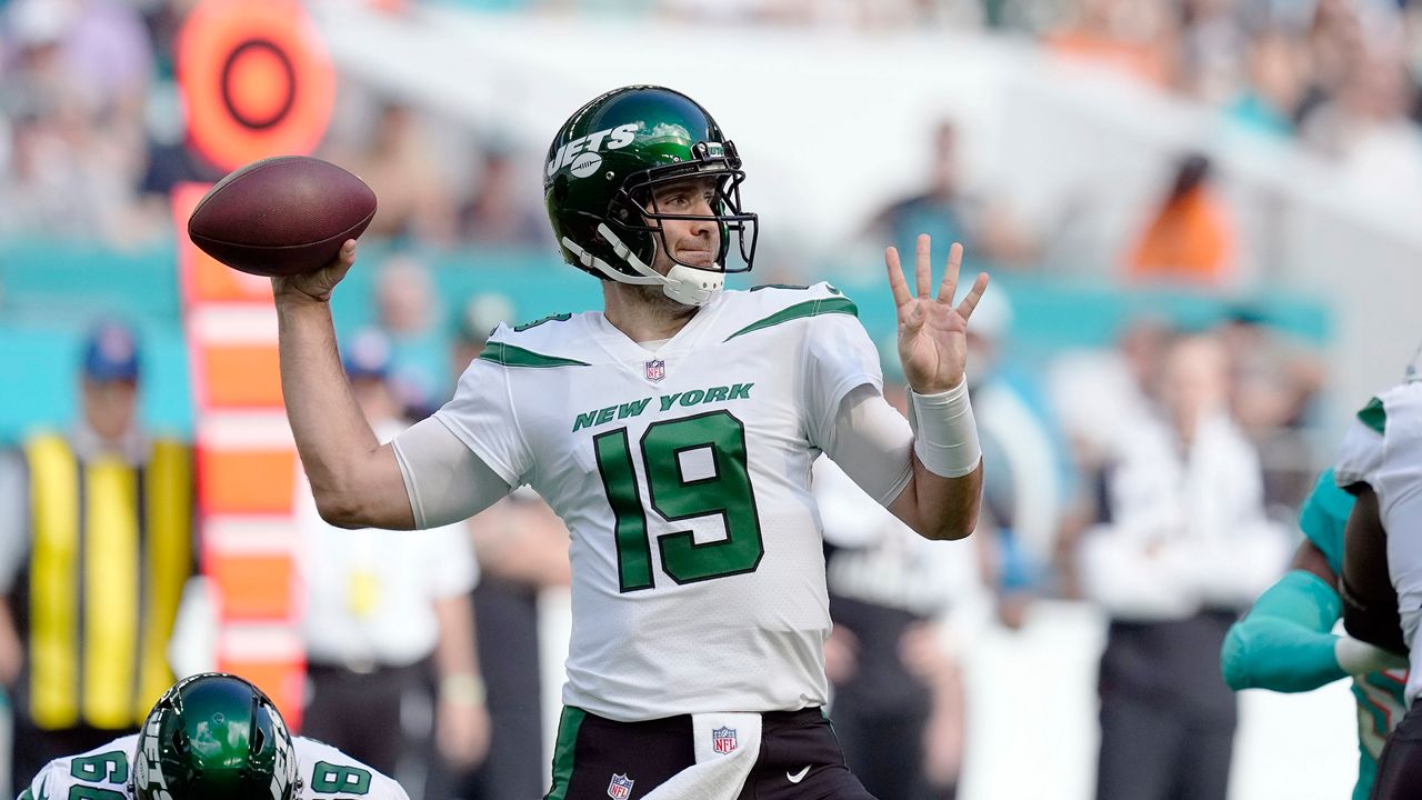 New York Jets quarterback Joe Flacco (19) throws a pass during the first half of an NFL football game against the Miami Dolphins, Sunday, Jan. 8, 2023, in Miami Gardens, Fla. (AP Photo/Rebecca Blackwell, File)