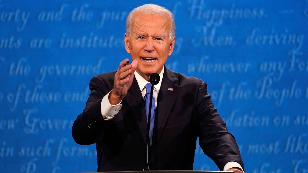 Democratic presidential candidate former Vice President Joe Biden participates during the second and final presidential debate Thursday, Oct. 22, 2020, at Belmont University in Nashville, Tenn., with President Donald Trump. (AP Photo/Julio Cortez, File)