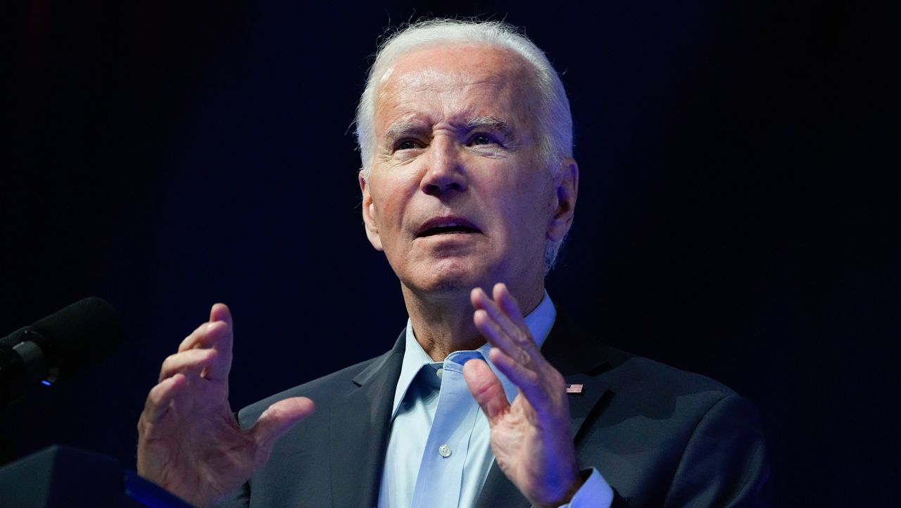 President Joe Biden speaks at a political rally Saturday at the Philadelphia Convention Center in Philadelphia. (AP Photo/Manuel Balce Ceneta)