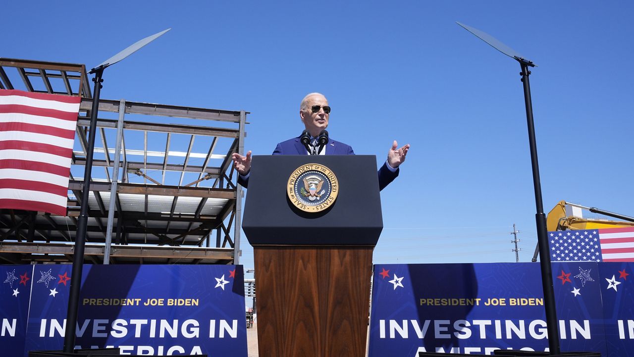 President Joe Biden speaks about an agreement to provide Intel with up to $8.5 billion in direct funding and $11 billion in loans for computer chip plants in Arizona, Ohio, New Mexico and Oregon, at the Intel Ocotillo Campus, March 20, 2024, in Chandler, Ariz. The Biden administration has reached an agreement to provide up to $6.4 billion in direct funding for Samsung Electronics to develop a computer chip manufacturing and research cluster in Texas. (AP Photo/Jacquelyn Martin, File)