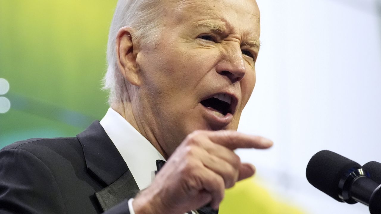 President Joe Biden speaks at the Asian Pacific American Institute for Congressional Studies' 30th annual gala, Tuesday, May 14, 2024, in Washington. (AP Photo/Alex Brandon)