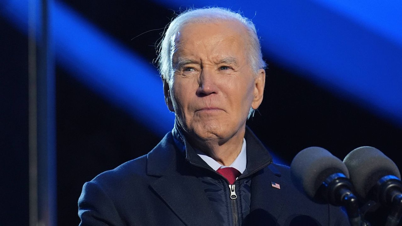 President Joe Biden speaks during a ceremony lighting the National Christmas Tree on the Ellipse near the White House in Washington, Thursday, Dec. 5, 2024. (AP Photo/Jacquelyn Martin)