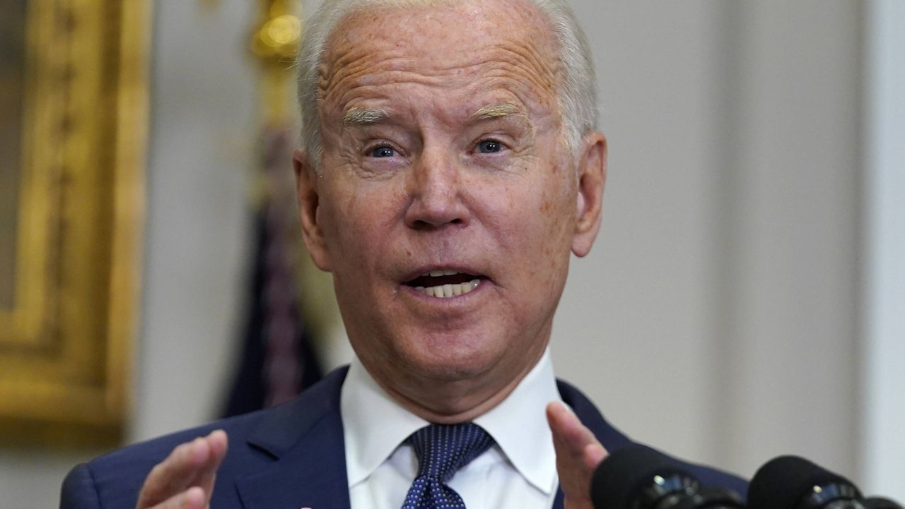 President Joe Biden speaks about the situation in Afghanistan in the Roosevelt Room of the White House on Sunday. (AP Photo/Manuel Balce Ceneta)