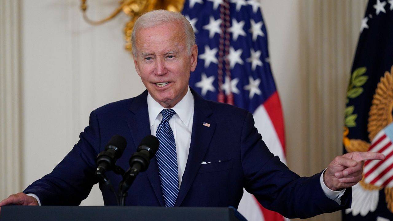 President Joe Biden speaks Tuesday before signing the Democrats' landmark climate change and health care bill in the State Dining Room of the White House. (AP Photo/Susan Walsh)