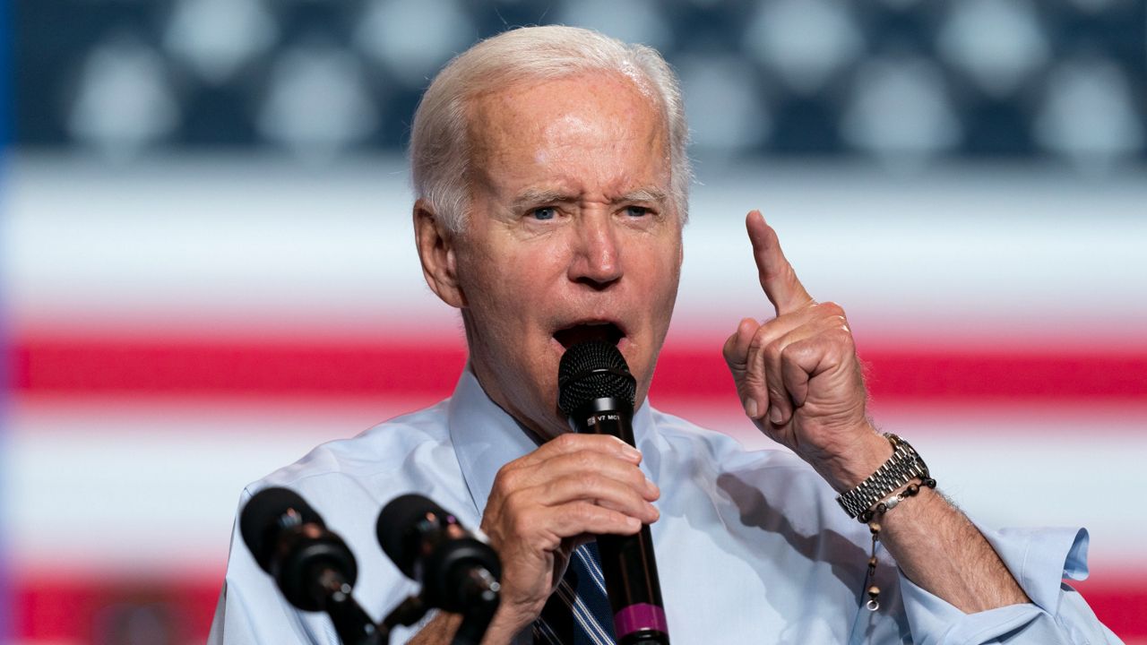 President Joe Biden speaks Thursday during a rally for the Democratic National Committee at Richard Montgomery High School in Rockville, Md. (AP Photo/Alex Brandon)