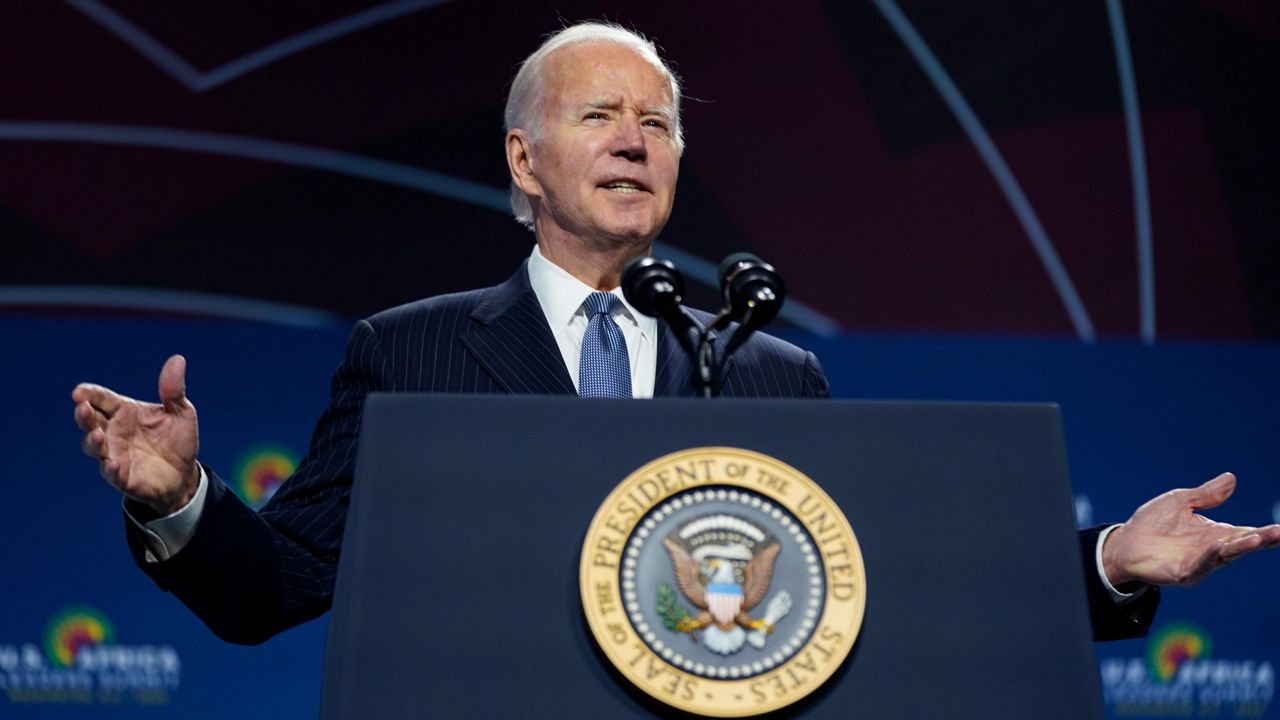 President Joe Biden speaks to African leaders gathered for the U.S.-Africa Leaders Summit Wednesday, Dec. 14, 2022, in Washington. (AP Photo/Patrick Semansky)