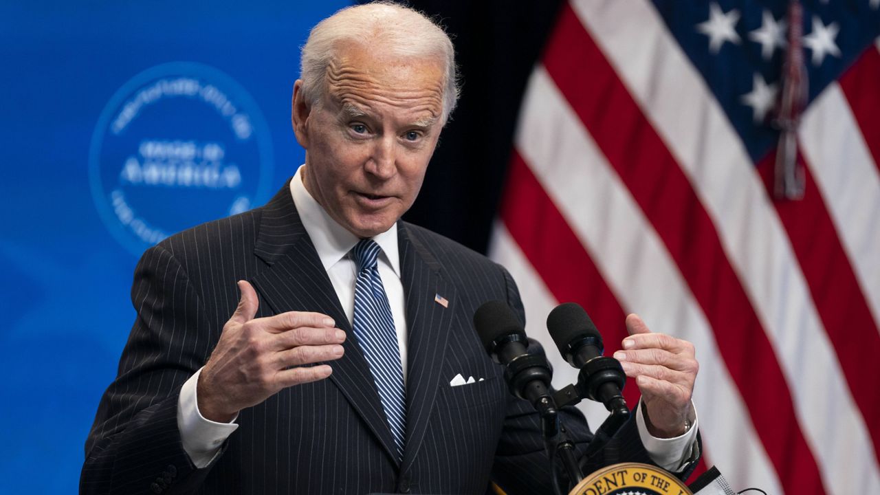 President Joe Biden speaks in the South Court Auditorium on the White House complex on Monday. (AP Photo/Evan Vucci)