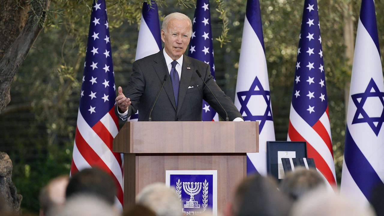 President Joe Biden speaks before receiving the Israeli Presidential Medal of Honor from then-Israeli President Isaac Herzog on July 14, 2022, in Jerusalem. (AP Photo/Evan Vucci, File)