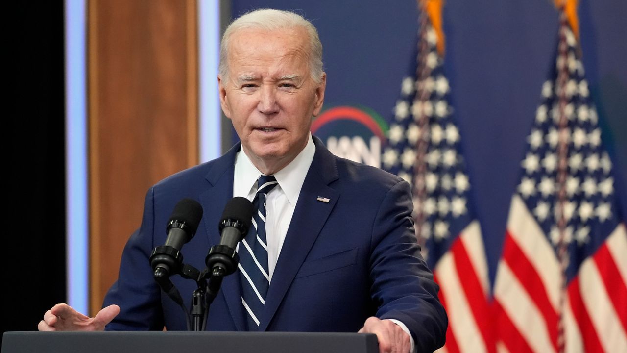 President Joe Biden speaks to the National Action Network Convention remotely from the South Court Auditorium of the White House, Friday, April 12, 2024, in Washington. 