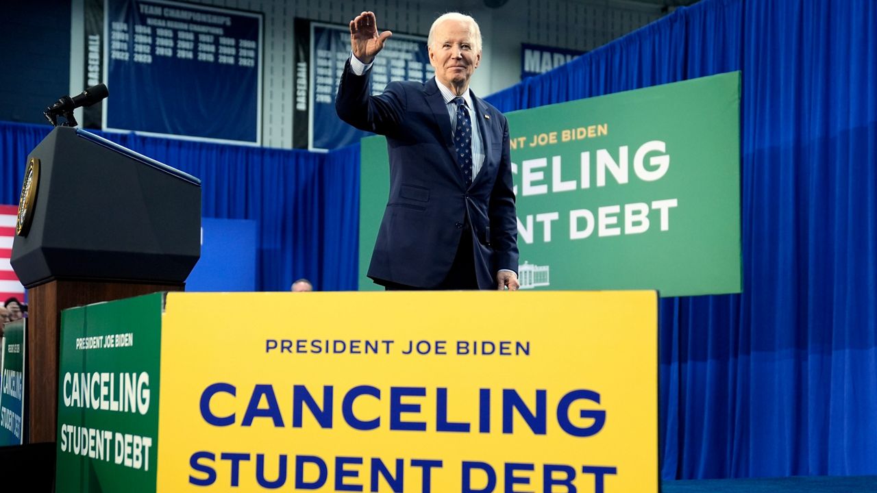 FILE - President Joe Biden departs after delivering remarks on student loan debt at Madison College, Monday, April 8, 2024, in Madison, Wis. (AP Photo/Evan Vucci)