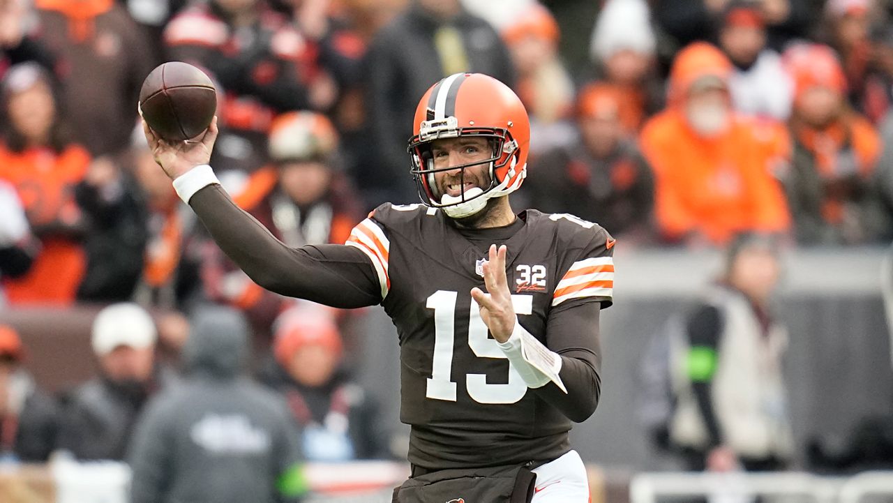 Cleveland Browns quarterback Joe Flacco throws during the first half of an NFL football game