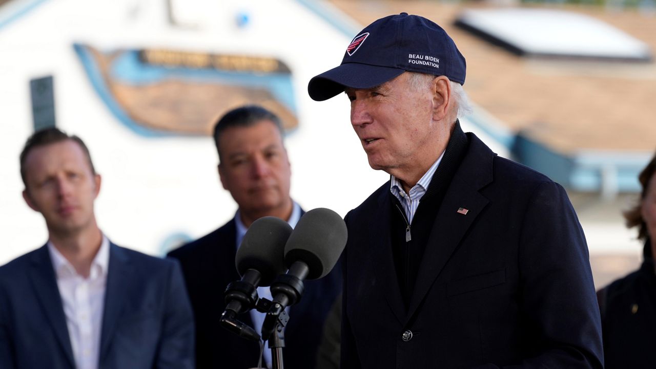 President Joe Biden speaks at Seacliff State Park in Aptos, Calif., Thursday, Jan 19, 2023, after seeing storm damage caused by the recent storms. (AP Photo/Susan Walsh)