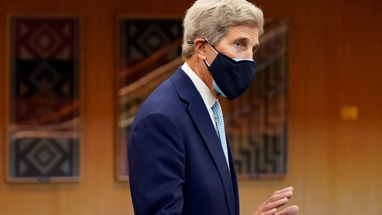 John Kerry, United States Special Presidential Envoy for Climate, arrives at United Nations headquarters, Monday, Sept. 20, 2021, during the 76th Session of the U.N. General Assembly in New York. (AP Photo/John Minchillo)