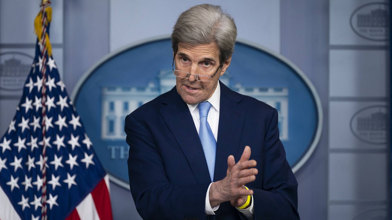 John Kerry, President Joe Biden’s climate envoy, speaks at a White House press briefing Thursday. (AP Photo/Evan Vucci)