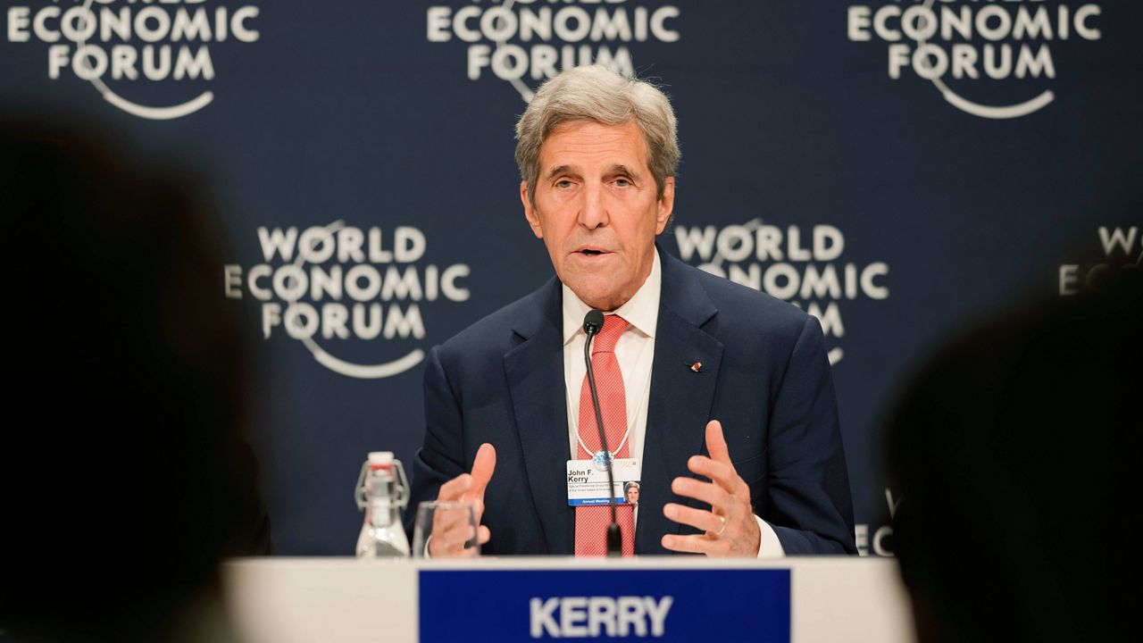 John F. Kerry, U.S. special presidential envoy for climate, speaks Tuesday during a news conference at the World Economic Forum in Davos, Switzerland. (AP Photo/Markus Schreiber)