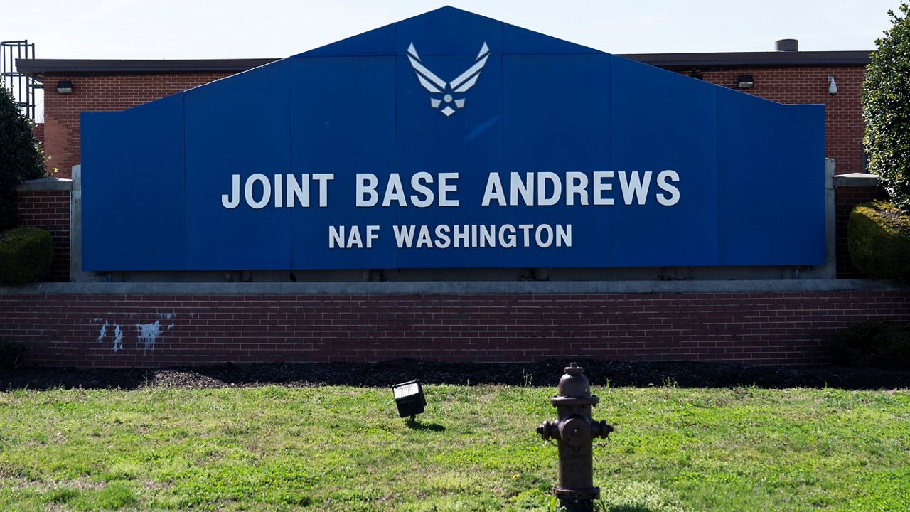 The sign for Joint Base Andrews is seen, Friday, March 26, 2021, at Andrews Air Force Base, Md. (AP Photo/Alex Brandon, File)