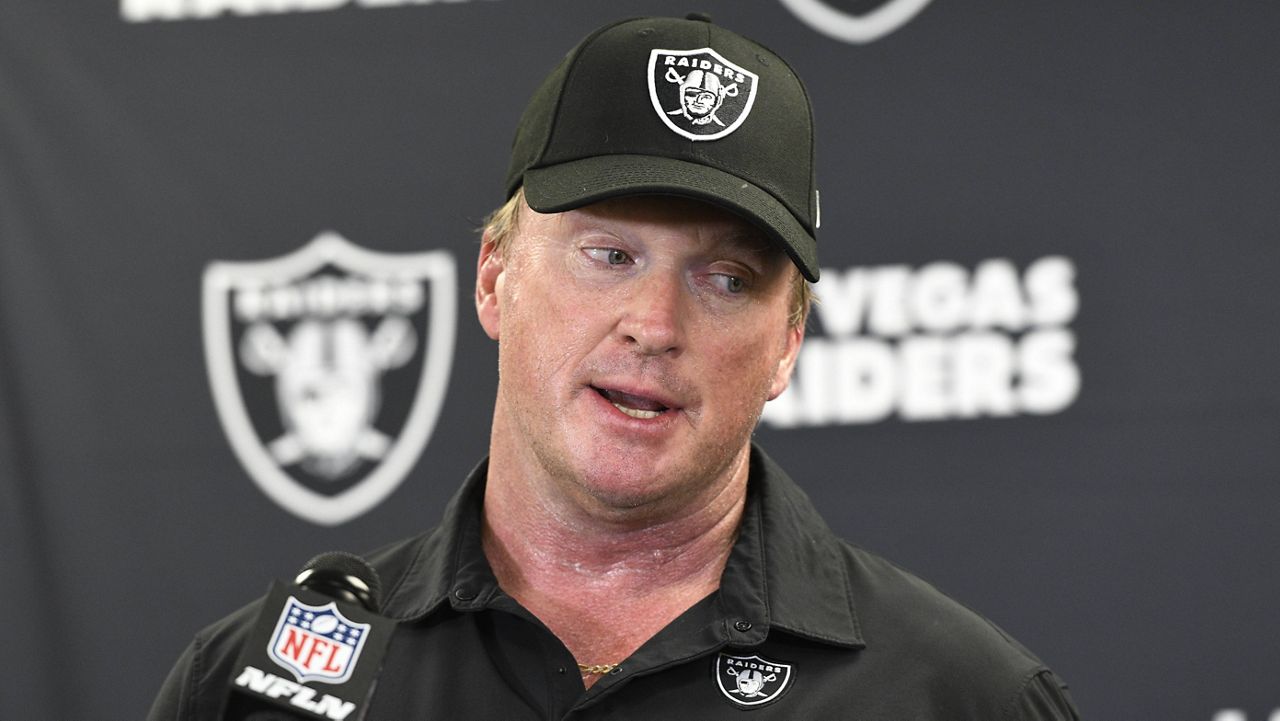 Jon Gruden speaks with the media after a Las Vegas Raiders on Sept. 19. (AP Photo/Don Wright, File)