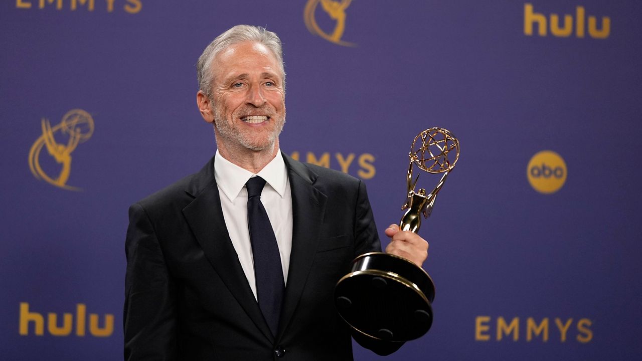 Jon Stewart poses in the press room with the award for outstanding talk series for "The Daily Show" during the 76th Primetime Emmy Awards on Sunday, Sept. 15, 2024, at the Peacock Theater in Los Angeles. (AP Photo/Jae C. Hong, File)