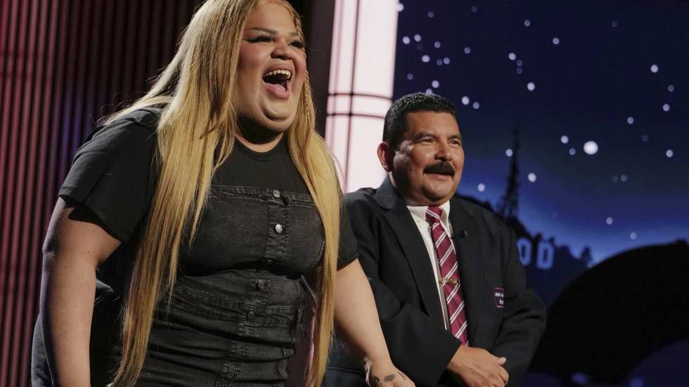 This image released by Disney shows TikTok creator Jools Lebron, left, with talk show personality Guillermo Rodriguez on the set of “Jimmy Kimmel Live” on Monday, August 19. 2024, in Los Angeles. (Randy Holmes/ABC-Disney via AP)